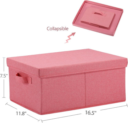 HOONEX Linen Foldable Storage Bins with Lids, 2 Pack, Storage Boxes with Carrying Handles and Sturdy Heavy Cardboard, 16.5" L x 11.8" W x 7.5" H for Shoes, Books, Clothes, Nursery, Pink