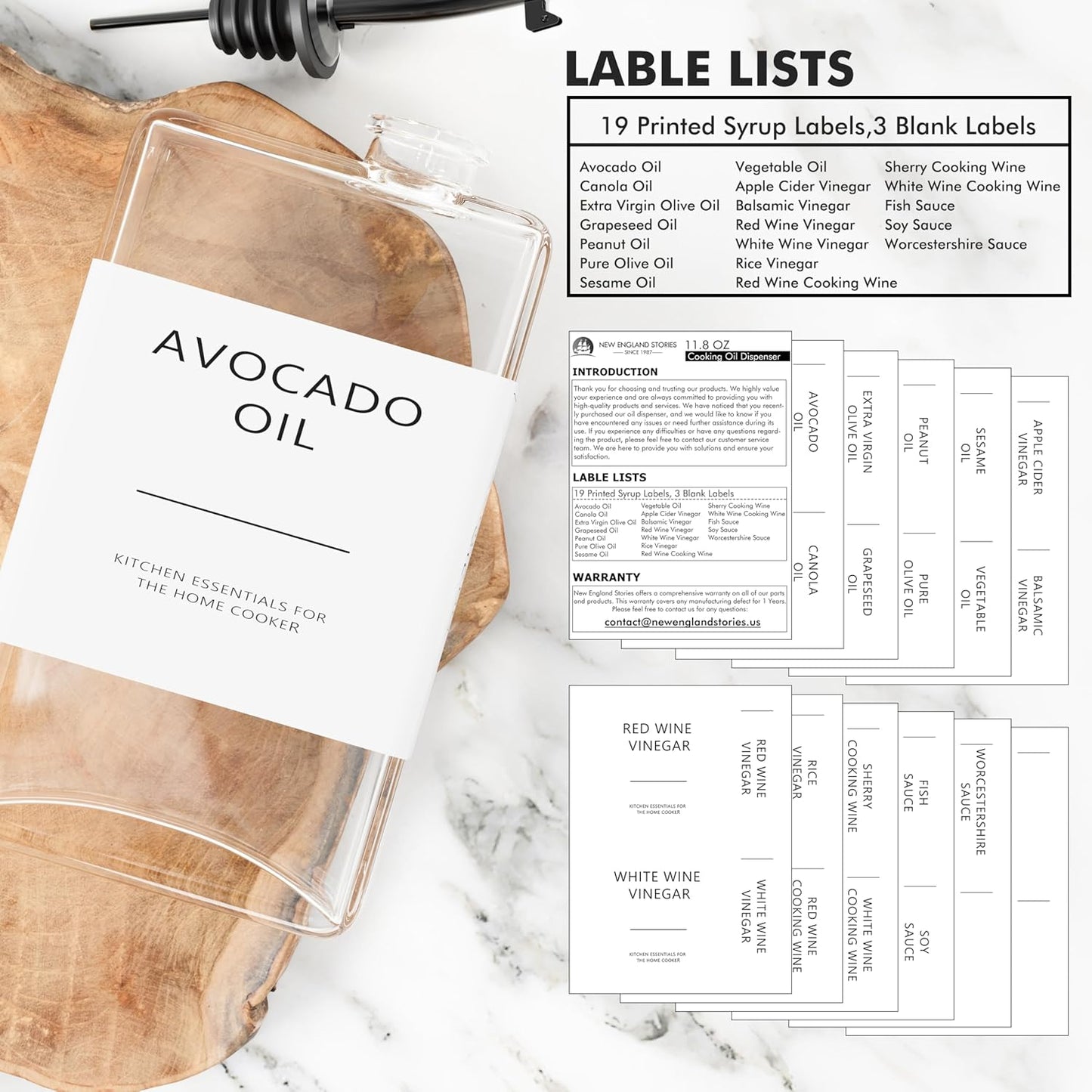 New England Stories Kitchen Cooking Oil Dispenser Set, Olive Oil and Vinegar Bottles, Soy Sauce Dispenser - 6 Pieces, Black, Durable & Stylish Design