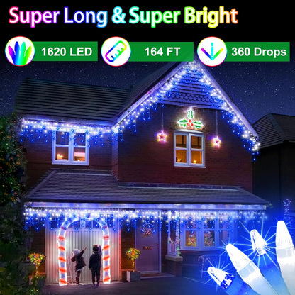 1620 LED Christma Lights with 360 Drops, 164ft Outdoor Hanging lights with 8 Modes & Timer Memory, Outsite Waterproof Curtain String Lights for Front House Fence Tree Holiday Decorations Blue & White