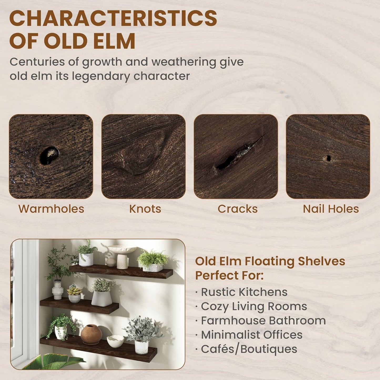 36 Inch Floating Shelves for Wall, Rustic Elm Wood Shelf for Home Decor, Heavy-Duty Wooden Floating Shelves for Kitchen, Wall Mounted Storage Shelves for Bathtoom, Living Room, Walnut Color, Set of 2