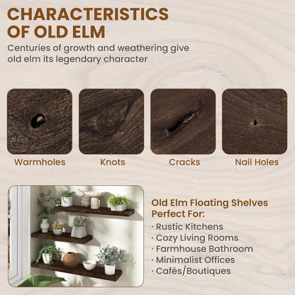 36 Inch Floating Shelves for Wall, Rustic Elm Wood Shelf for Home Decor, Heavy-Duty Wooden Floating Shelves for Kitchen, Wall Mounted Storage Shelves for Bathtoom, Living Room, Walnut Color, Set of 2