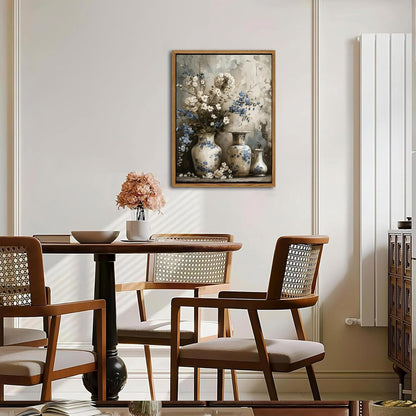 Floating Framed Farmhouse Floral Canvas Wall Art, Vintage Blue and White Flower Pictures Wall Decor, Elegant Art Jar Posters Print for Living Room Bedroom Bathroom Rustic Decor 12x16 inch