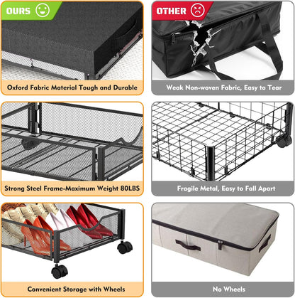 2 Pack Under Bed Storage with Wheels, 36" Lengthen Underbed Storage Containers with Lids, Large Capacity Under Bed Shoe Storage, Metal Clothes Organizer, Storage Box for Clothing Shoes Blankets Sheet