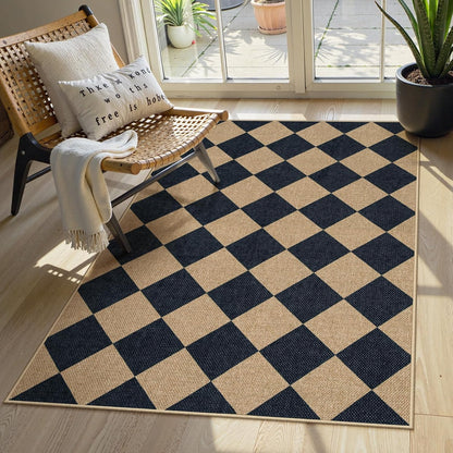 Lahome Checkered Easy Jute 3x5 Outdoor Patio Rug, Washable Rugs for Entryway Diamond Indoor Outdoor Living Room Carpet, Farmhouse Neutral Non Slip Black Door Carpet for Backyard Bedroom