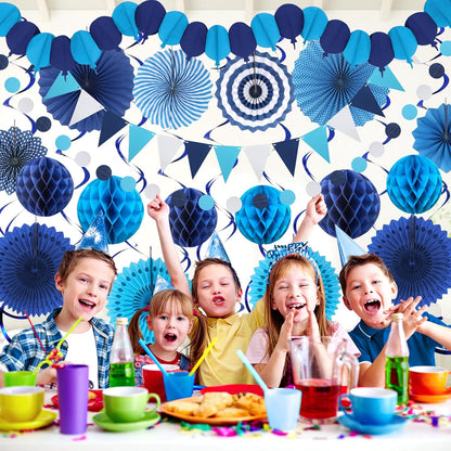 Blue Party Decorations, Easy Assembly Paper Fan Honeycomb Ball Garland Hanging Swirl Navy Blue Party Supplies for Boy Men Graduation Birthday Bridal Shower Baby Shower Party Decorations