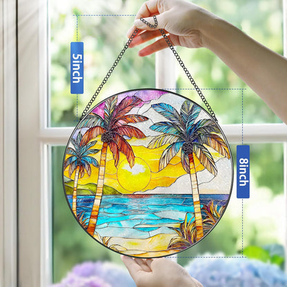 Stained Glass Window Hanging, 8 Inch Beach Sunset Stained Glass Suncatcher, Window Hanging Decor, Beach Lover Home Decor, Seabeach Sunrise Suncatcher, Gift for Mom Grandma