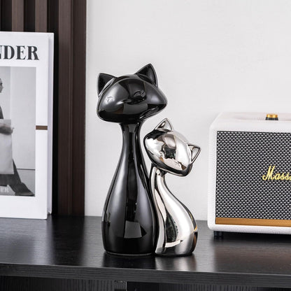 Ceramic Cat Statue Set, Black & Silver Cute Home Decor Figurines, Lucky Cats Desk Accessories for Cat Lovers, Memorial Cats Themed, Modern Collectible Decor for Bookshelf, Living Room