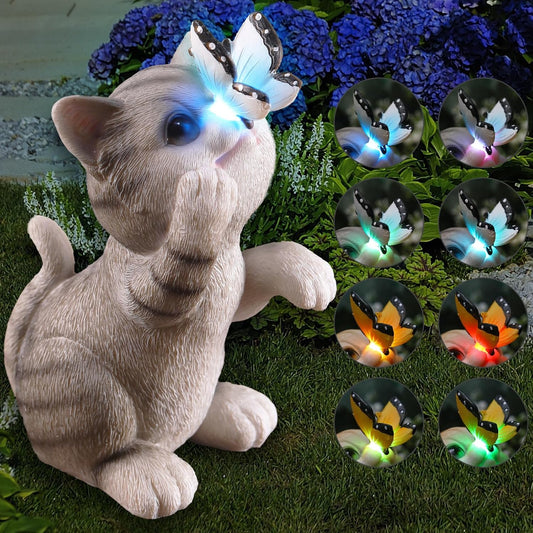 Cat Garden Statue Outdoor Solar Decorations Butterfly Light Figurine Color Changing LED Lights Resin Sculpture Art Decor Patio Lawn Yard Housewarming Gifts for Women Grandma Mom