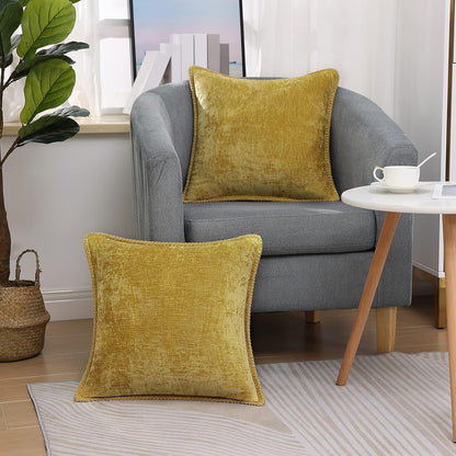 decorUhome Chenille Soft Throw Pillow Covers 26x26 Set of 2, Farmhouse Velvet Neutral Decorative Euro Pillow Covers with Stitched Edge for Couch Sofa Bed Home Decor, Mineral Yellow