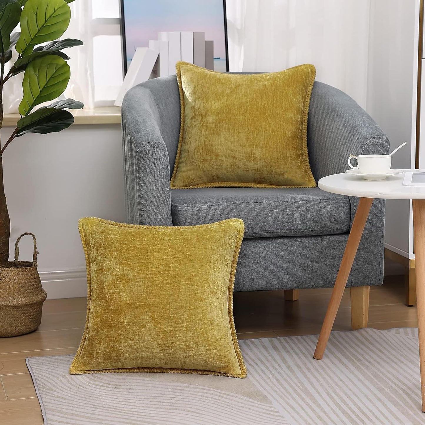 decorUhome Chenille Soft Throw Pillow Covers 18x18 Set of 2, Farmhouse Velvet Neutral Decorative Euro Pillow Covers with Stitched Edge for Couch Sofa Bed Home Decor, Mineral Yellow