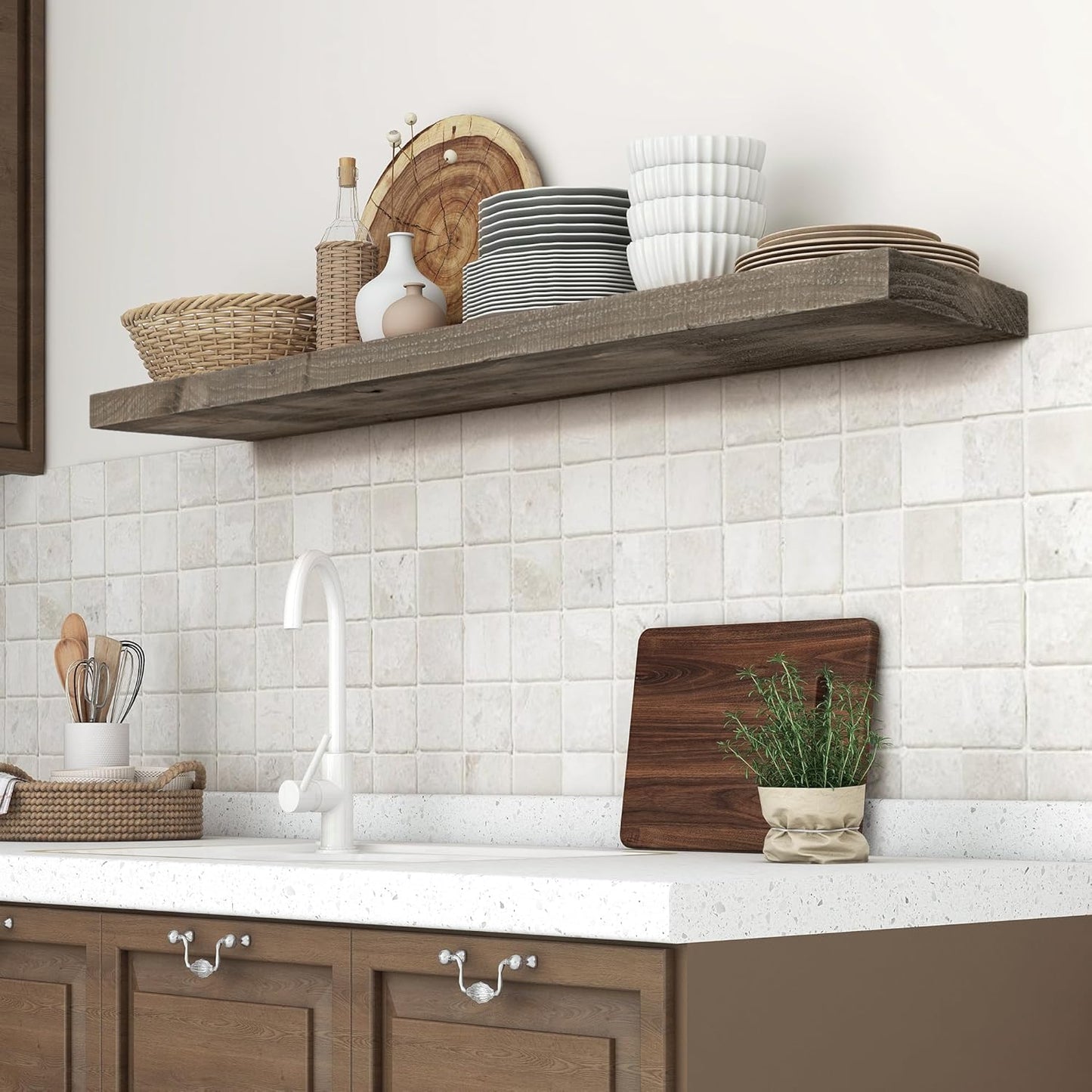 Solid Reclaimed Wood Floating Shelf 48inches Width and 8 inches Depth, Rustic Reclaimed Barnwood Wall Hanging Shelves with Invisible Heavy-Duty Metal Bracket，Cement Grey