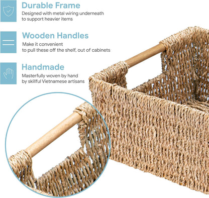 Large Natural Wicker Basket Rectangular with Wooden Handles, Seagrass Storage for Organizing, Shelves 15.5 x 10.6 x 5.5 inches