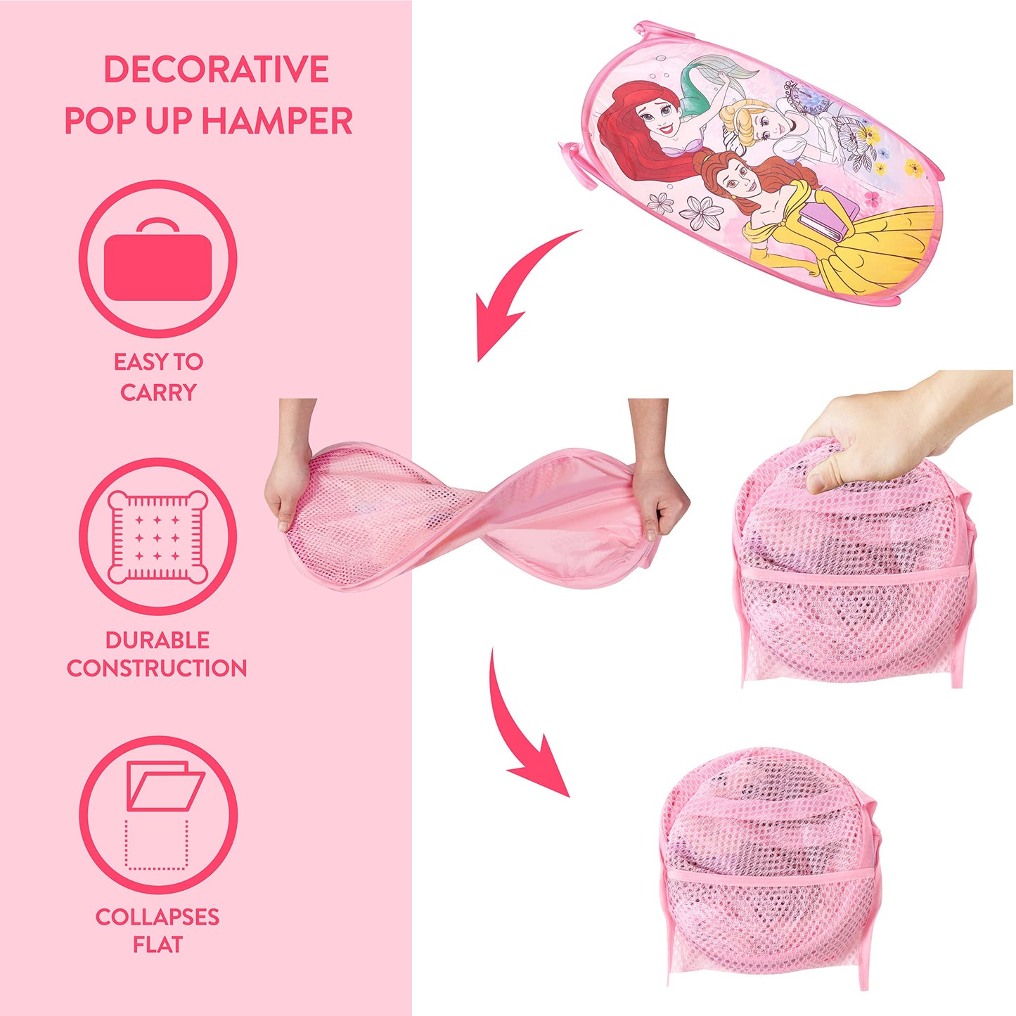Disney Princess Pop-Up Laundry Hamper for Kids,Collapsible Mesh Storage Basket with Handles
