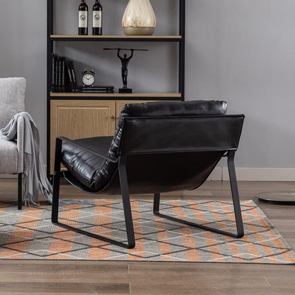DUOMAY Mid-Century Accent Chair Armchair Set of 2, Comfy PU Leather Leisure Chair Lazy Chair with Metal Leg for Living Room Bedroom Office Apartment, Black