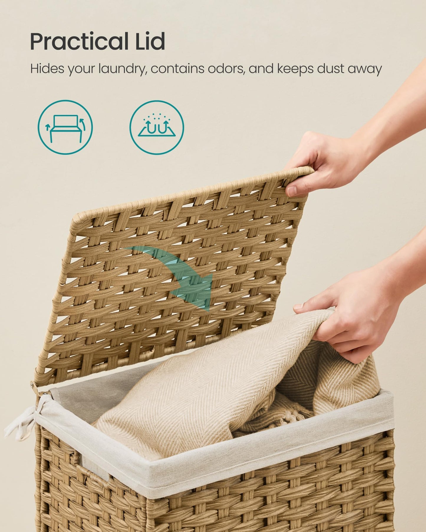 SONGMICS Storage Basket with Lid, Woven Blanket Storage Bin with Handles, Foldable, Removable