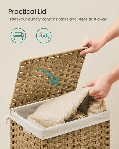 SONGMICS Storage Basket with Lid, Woven Blanket Storage Bin with Handles, Foldable, Removable