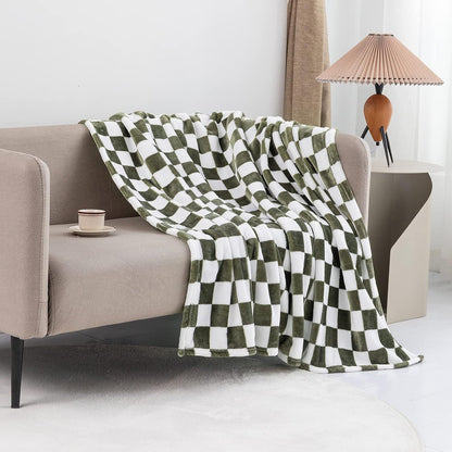 LOMAO Throw Blankets Flannel Blanket with Checkerboard Grid Pattern Soft Throw Blanket for Couch, Bed, Sofa Luxurious Warm and Cozy for All Seasons (Dark Olive, 60"x80")