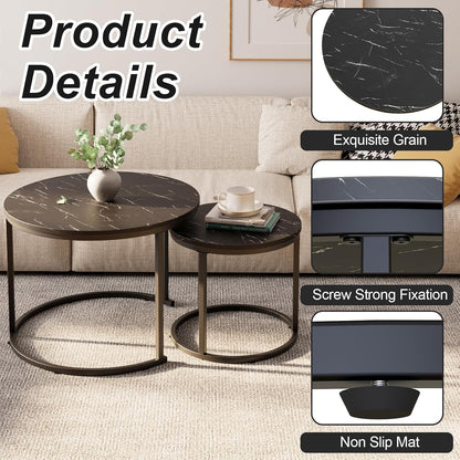 aboxoo Round Nesting Coffee Table Side Set of 2 End Tables for Living Room Bedroom Balcony,Black Faux Marble Wooden Table 23.6IN Accent Large Coffee Table with Steel Frame