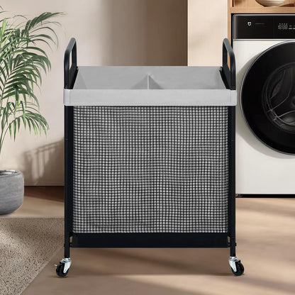 STO STO Laundry Hamper 2 Section, 100L Rolling Laundry Sorter Cart with Removable and Washable Liner Bag, Rolling Clothes Hamper with Metal Handle for Laundry Room and Bedroom, Gray