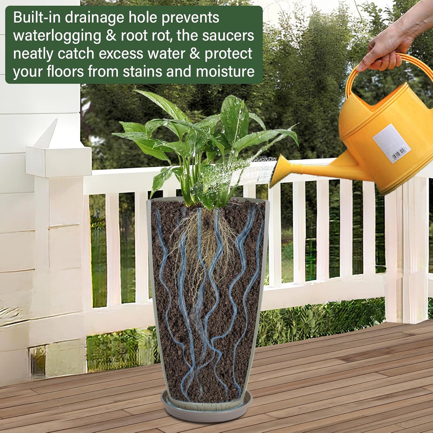 24/21/12 Inch Large Plastic Planter, Lightweight Ceramic-Look Large Flower Pots with Drain Hole & Saucers, Plastic Outdoor Planters for Garden, Patio, Balcony(Glaze White)