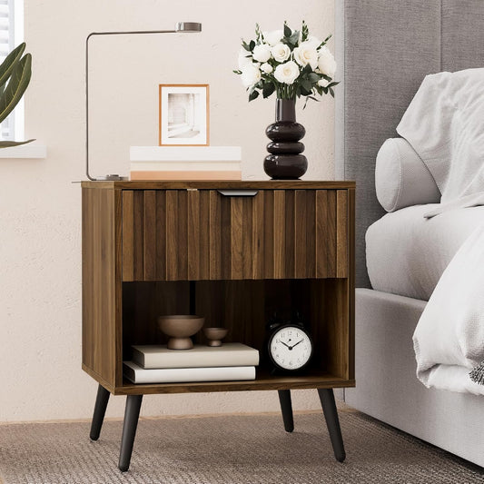 Smuxee Walnut Wooden Night Stand, Mid Century Nightstand with Fluted Drawer, Bedside Table with