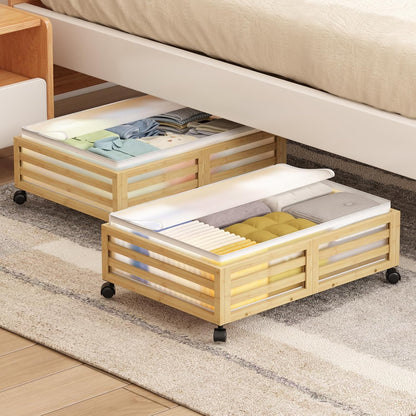 Under Bed Storage Containers With Wheels - 2 Pcs Bamboo Wood Rolling Underbed Shoe Storage Bins With Dust Bags for Clothes Blankets, Duvet Covers Snacks Toys (Natural)
