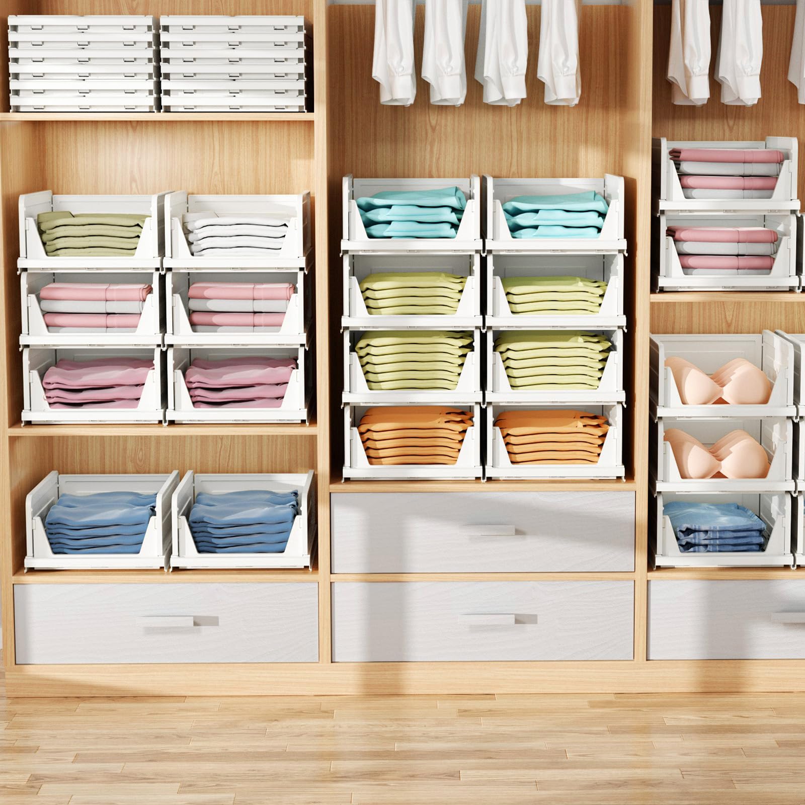6 Pack Folding Closet Organizers Storage Box, Stackable Storage Bins, Plastic Drawer Basket Closet