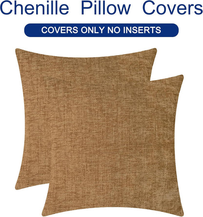 CaliTime Throw Pillow Covers Decorative 24 X 24 Inches Pack of 2 Cozy Chenille Cushion Cases for Couch Sofa Bed Living Room Home Apricot Brown