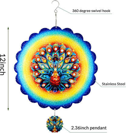 Peacock Hanging Wind Spinners,12 Inch 3D Garden Spinner Kinetic Art Garden Decorations，Stainless Steel Reflective Wind Spinners for Yard