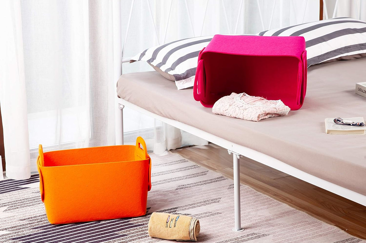 Minoisome Storage Basket Felt Storage Bin Collapsible& Convenient Box Organizer with Carry Handles for Office Bedroom Closet Babies Nursery Toys Laundry (Orange, 13.8inch（L）×9.5inch（W）×8.3inch（H）)