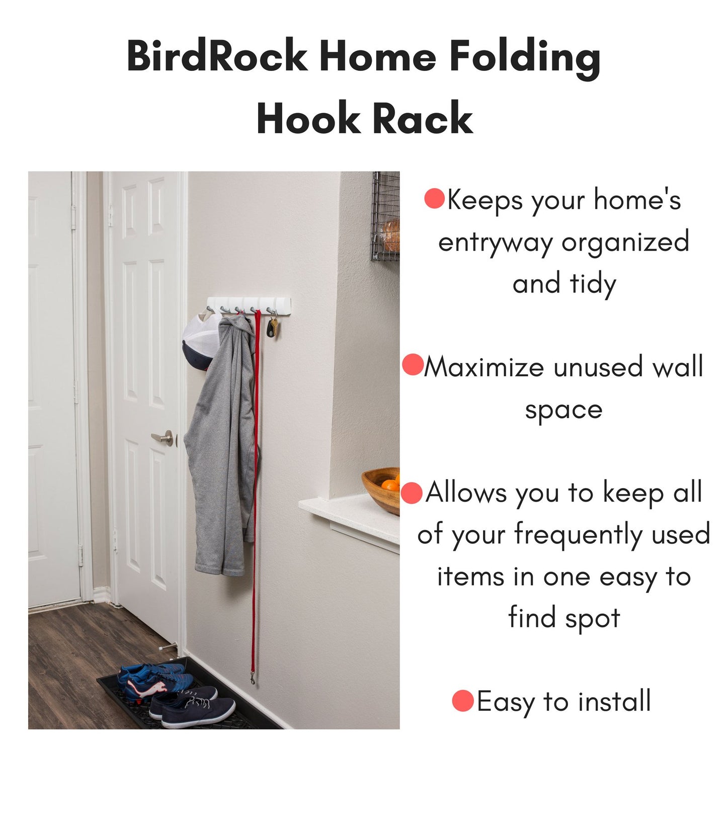 BIRDROCK HOME Folding Hook Coat and Hat Rack - 5 Hooks - 17 Inches - Wall Mount - Decorative Home