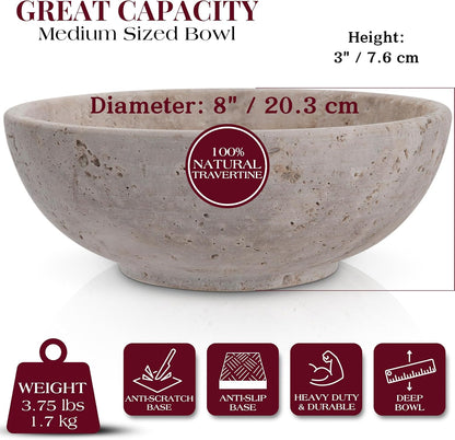 Gusto Nostro 8" Decorative Travertine Bowl for Coffee Table - Elegant Centerpiece, Aesthetic Fruit Bowl for Kitchen Counter - Heavy Stone Entryway Catch all, Jewelry, Potpourri - Travertine Decor
