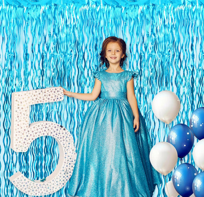 GOER 3.2 ft x 6.5 ft Metallic Tinsel Foil Fringe Curtains Party Photo Backdrop Party Streamers for Birthday,Graduation,New Year Eve Decorations Wedding Decor (5 Pcs,Wavy Light Blue)