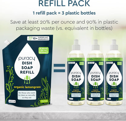 Puracy Natural Dish Soap Refill - Skin-Softening Plant-Based Liquid Dishwashing Detergent Soap, Clean-Rinsing Water-Sheeting Formula (Organic Lemongrass, 48 fl oz)