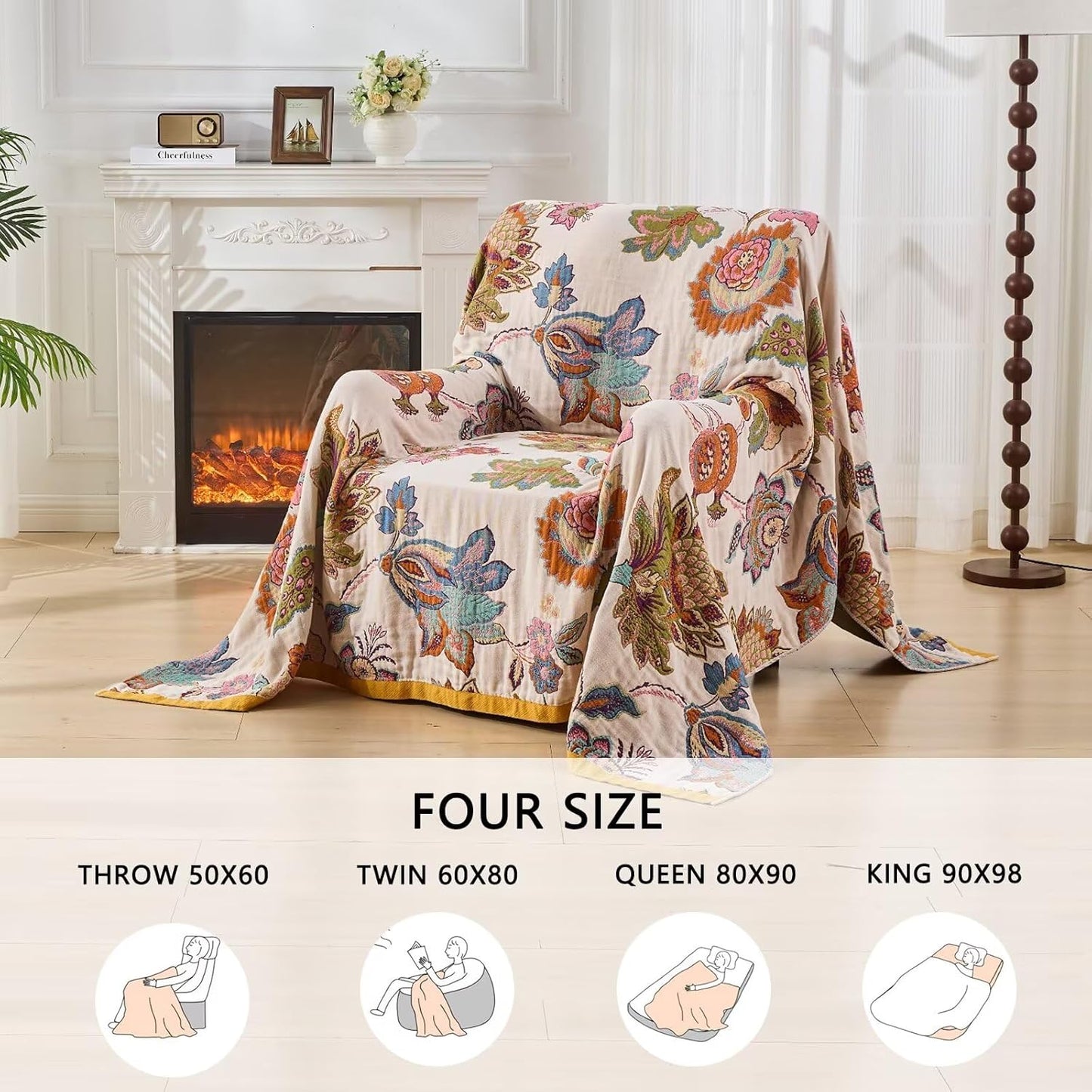 Boho Throw Blanket Reversible Muslin Bohemian Tapestry, Flower Decorated Bohemian Sofa Blanket, Lightweight Breathable 100% Cotton Throw Blanket, Chair Blanket, 50"x60"