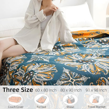 Boho Throw Blanket for Bed - 100% Pure Cotton Ultra Soft Rustic Quilt - Farmhouse Decor Bed Blankets, All Season Rustic Throw for Sofa Couch Chair(60"×80", Boho Floral)