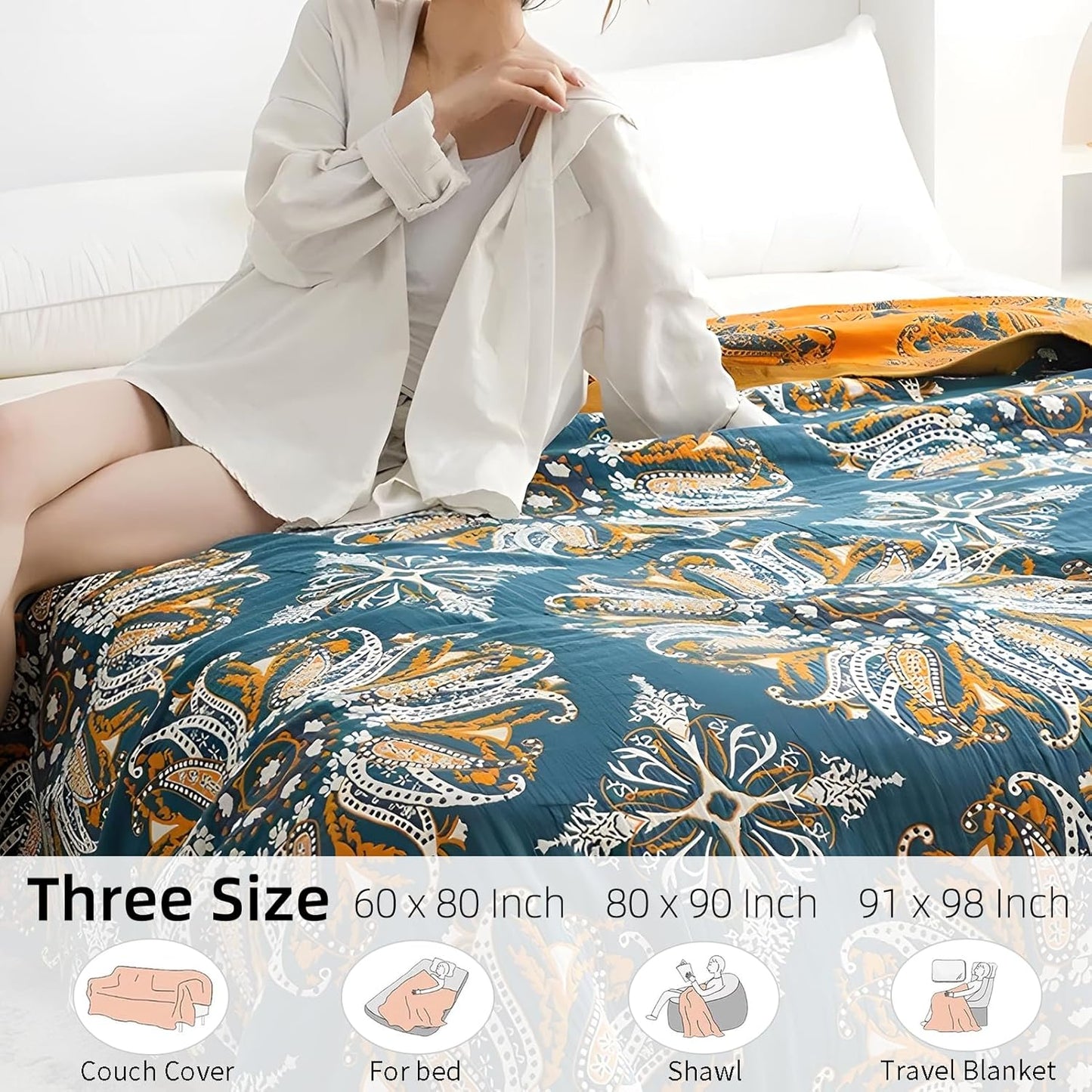 Boho Throw Blanket for Bed - 100% Pure Cotton Ultra Soft Rustic Quilt - Farmhouse Decor Bed Blankets, All Season Rustic Throw for Sofa Couch Chair(91''x 98'', Boho Floral)