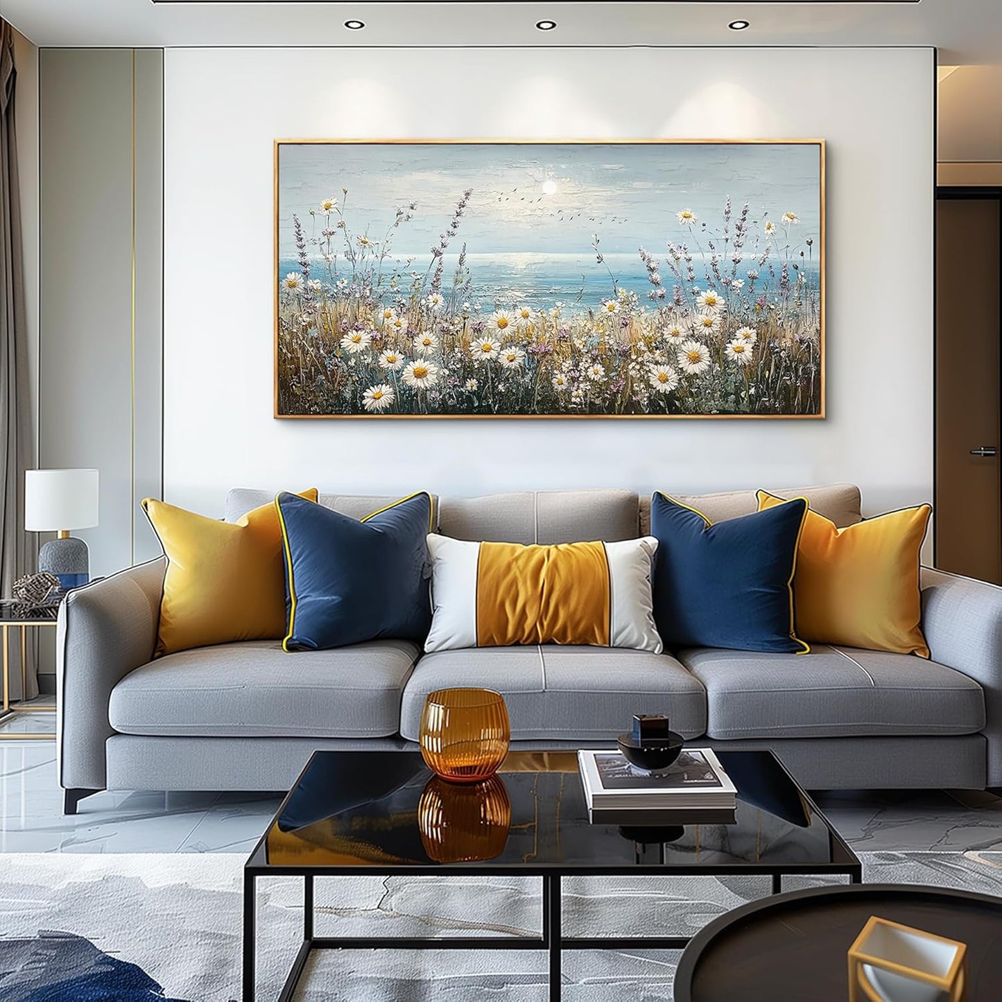 PHAOHUAXM Large Canvas Wall Decoration For Living Room Wall Art For Bedroom Office Decorations Blue Ocean Paintings Flowers Watercolour Wall Pictures Canvas Artworks Home Decor Wood Framed 24x48 In