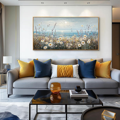 PHAOHUAXM Large Canvas Wall Decoration For Living Room Wall Art For Bedroom Office Decorations Blue Ocean Paintings Flowers Watercolour Wall Pictures Canvas Artworks Home Decor Wood Framed 24x48 In