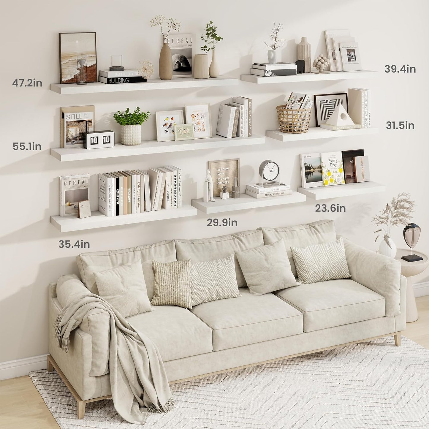 Fun Memories 40" Rustic Wood Floating Shelves with Invisible Brackets for Storage & Decor, Deep Wall Mounted Shelves for Bathroom, Kitchen, Living Room (White, Set of 2)