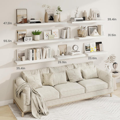 Fun Memories 40" Rustic Wood Floating Shelves with Invisible Brackets for Storage & Decor, Deep Wall Mounted Shelves for Bathroom, Kitchen, Living Room (White, Set of 2)