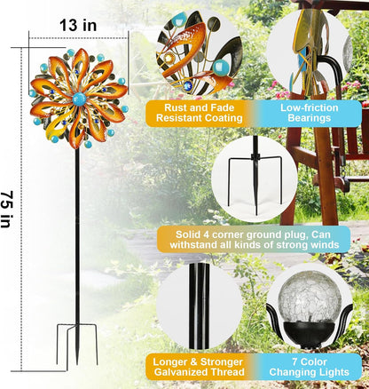 Wind Spinners for Yard and Garden - Wind Sculptures & Spinners 75 in Garden Kinetic Art with Solar Powered Multi-Color Glass Ball Light - Gradient Brown