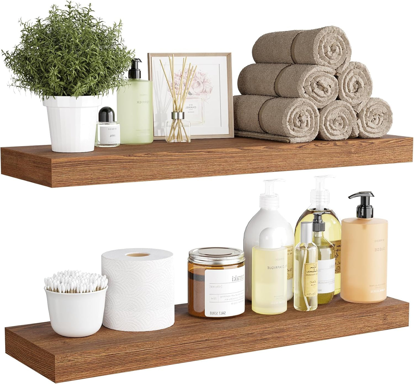 BAMEOS 24x6 Wall Shelf, 2-Shelf Modern Oak Floating Shelf Set for Bedroom, Bathroom, Kitchen Storage