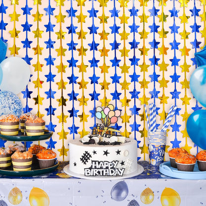 LOLStar 2 Pack Graduation Decoration 2025 3.3 x 6.6 ft Blue Gold Star Each Foil Fringe Tinsel Curtains Backdrop, Navy Blue and Gold Star Streamers for Birthdays, Retirement, Bridal Showers, Banquet