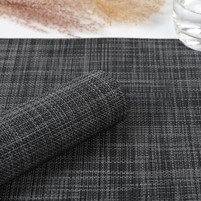 Myir JUN Placemats Set of 8, Vinyl Woven Placemats Place Mats Indoor Set of 8 Washable Table Mats Non-Slip Place mats for Dining Table (Dark Gray-Black, Set of 8)