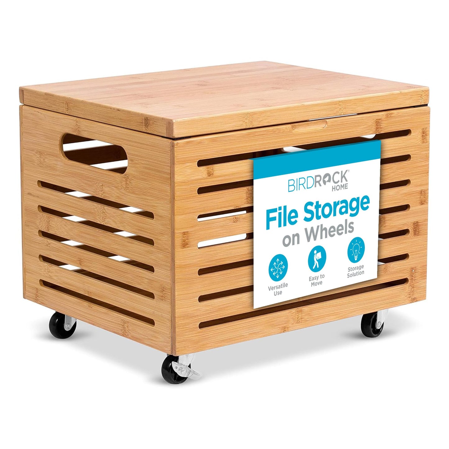 BIRDROCK HOME Rolling File Storage Organizer Box with Lid - Bamboo Decorative Wood Hanging File Box