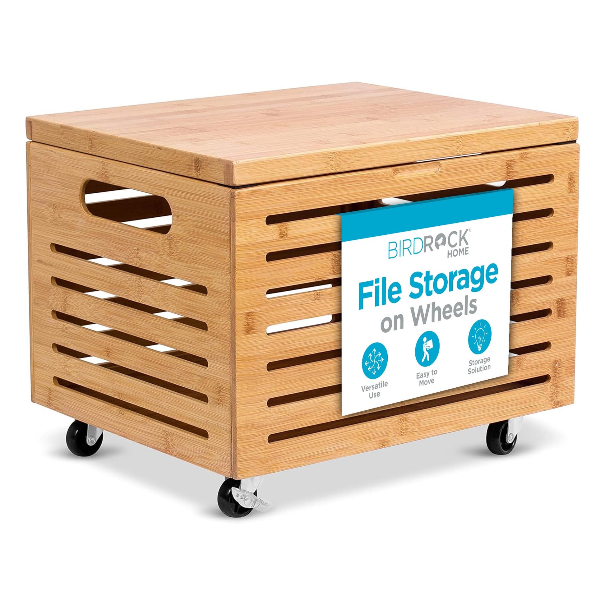 BIRDROCK HOME Rolling File Storage Organizer Box with Lid - Bamboo Decorative Wood Hanging File Box