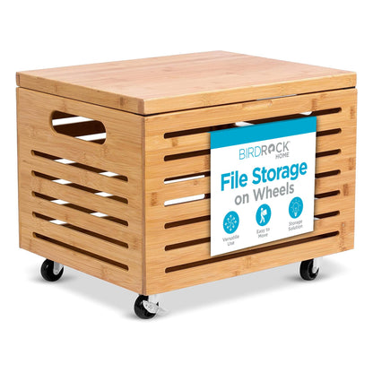BIRDROCK HOME Rolling File Storage Organizer Box with Lid - Bamboo Decorative Wood Hanging File Box