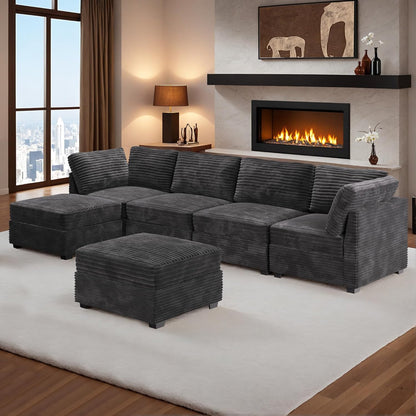 HOOOWOOO Modular Sectional Sofa,6 Pieces Sectional Couches for Living Room,131X66 L Shaped Cloud Couch with Ottoman Chaise Set(Grey Velvet Corduroy)