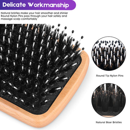 Hair Brush Boar Bristle Hair Brushes for Women Curly Hair, Best Paddle Detangling Brush Detangler for Girls Kids,Smooth Hair Add Shine